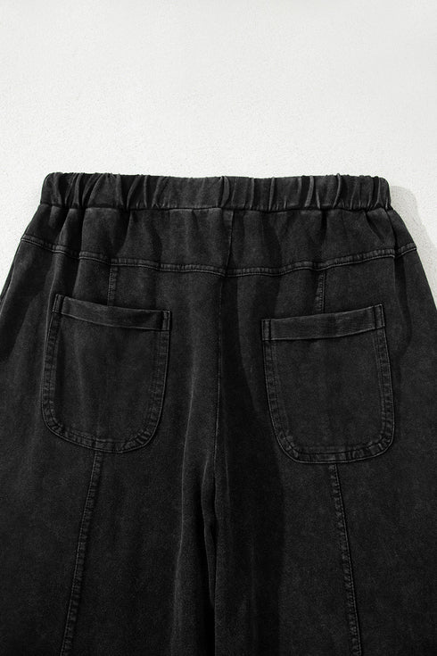 High Waist Mineral Wash Exposed Seam Drawstring Wide Leg Pants